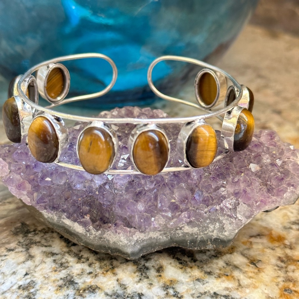 COPY - Silver Tiger’s Eye Stone Cuff Bracelet - Picture 3 of 11